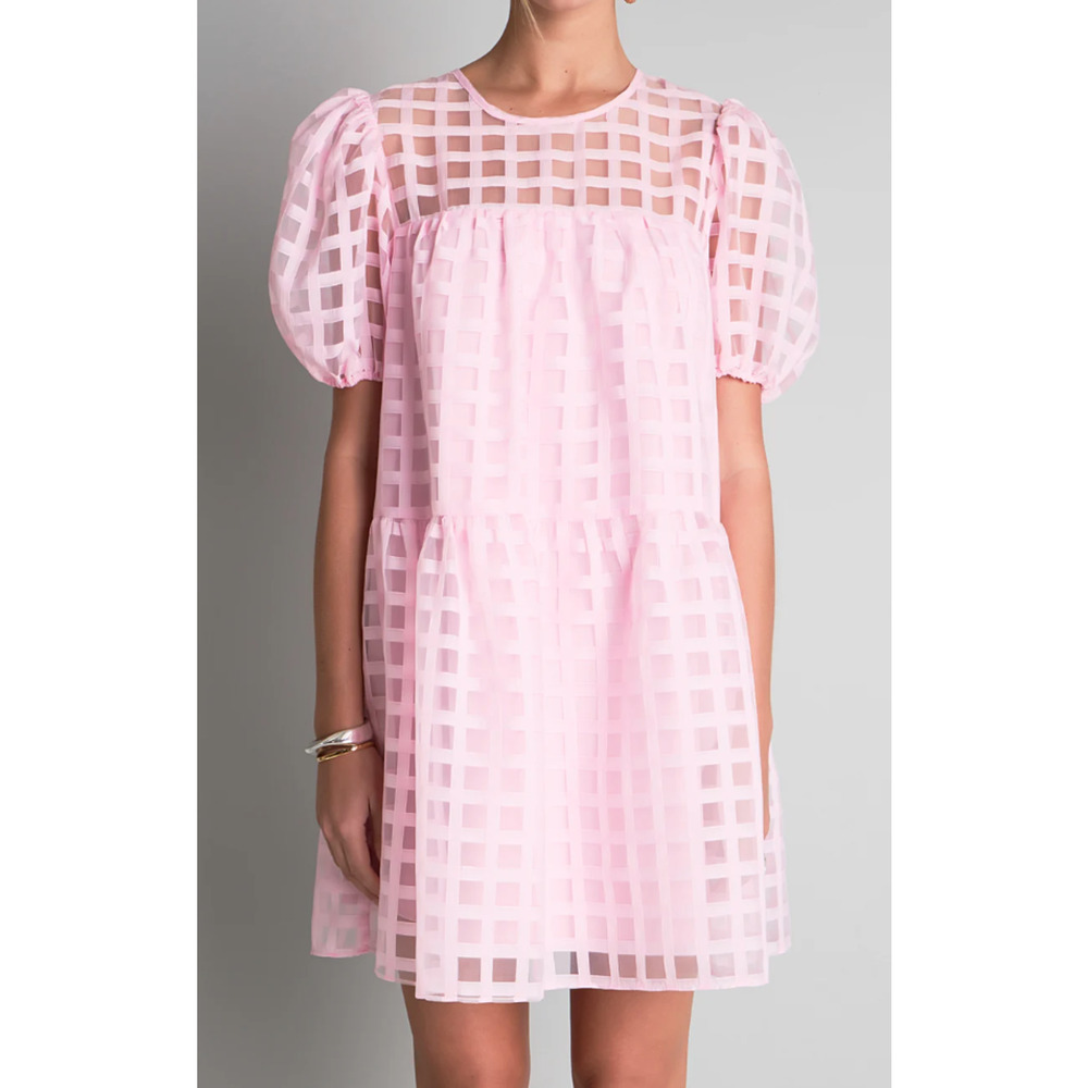 COPY - English Factory Large gridded puff sleeve short dress pink Babydoll pouf…